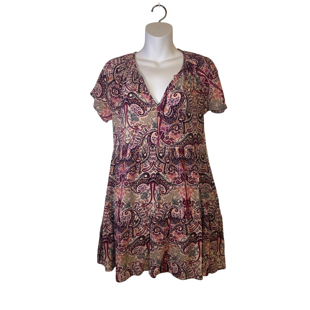 Knox‎ Rose Paisley Print V Neck Tiered Boho Mini Dress Womens Cream/Red